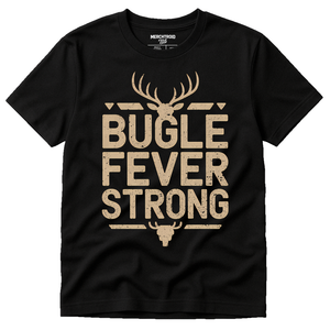 Black Elk Shirts - "Bugle Fever Strong" graphic tee with tan print, flat lay product photo
