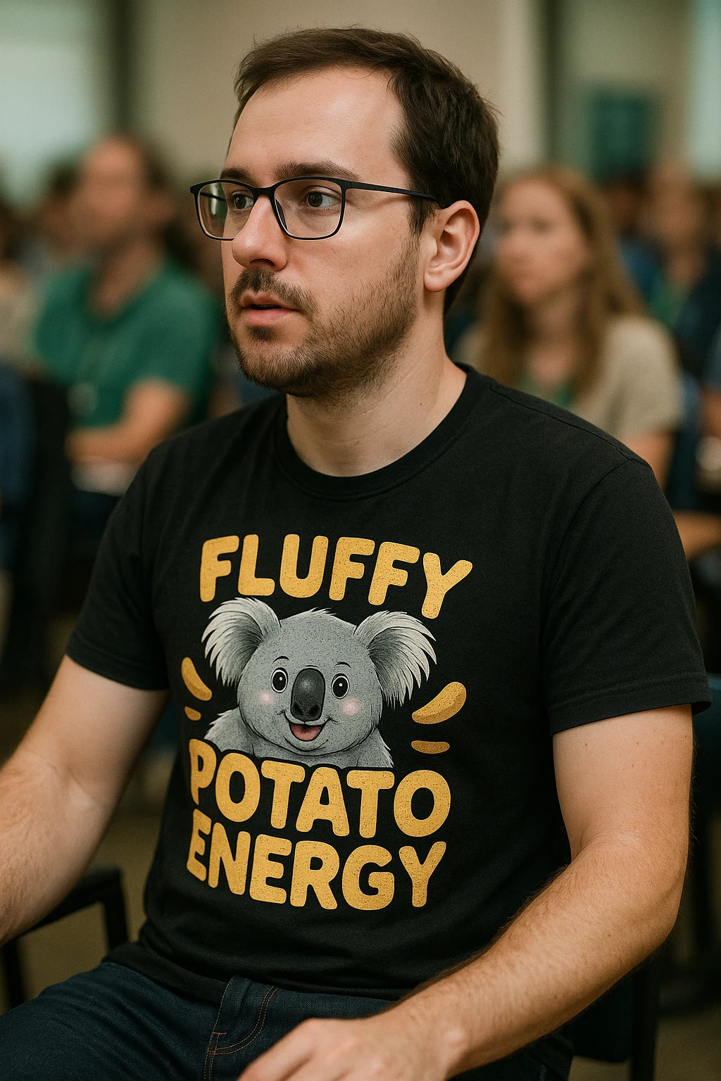 "Fluffy Potato Energy" black koala tees, photographed as best gifts for koala lovers