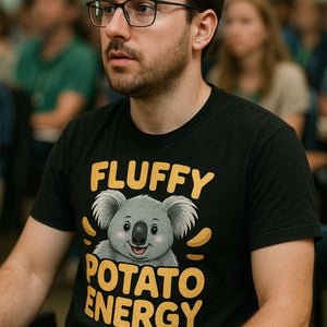 "Fluffy Potato Energy" black koala tees, photographed as best gifts for koala lovers