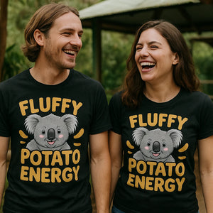Person wearing the black koala tees graphic tee - "Fluffy Potato Energy" design