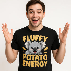 Close-up of the "Fluffy Potato Energy" gold print on a premium Bella+Canvas black koala tees