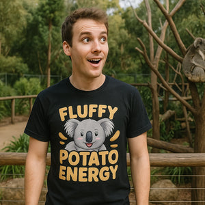Lifestyle shot of the "Fluffy Potato Energy" black koala tees in a real-world setting