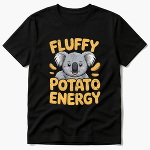 Black Koala Tees - "Fluffy Potato Energy" graphic tee with gold print, flat lay product photo
