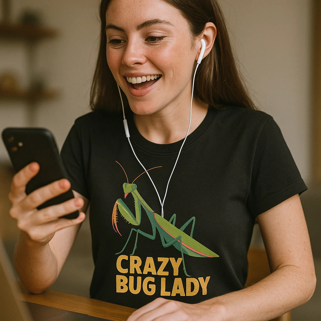 "Crazy Bug Lady" praying mantis t shirt - product photo 8