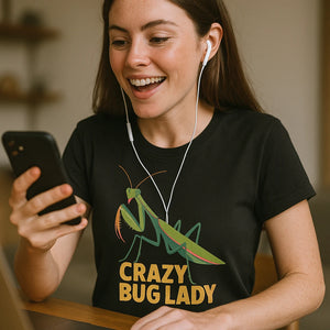 "Crazy Bug Lady" praying mantis t shirt - product photo 8