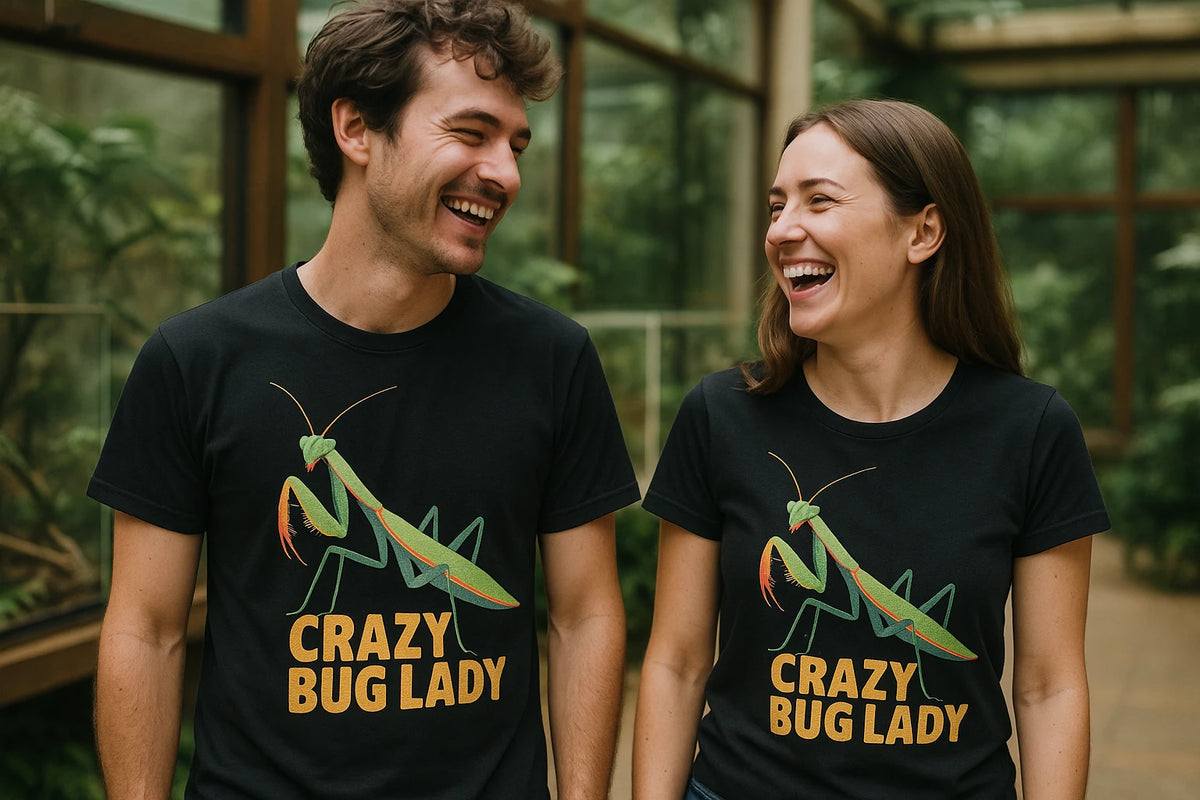 Person wearing the black praying mantis t shirt graphic tee - "Crazy Bug Lady" design