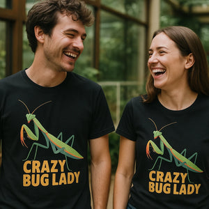 Person wearing the black praying mantis t shirt graphic tee - "Crazy Bug Lady" design