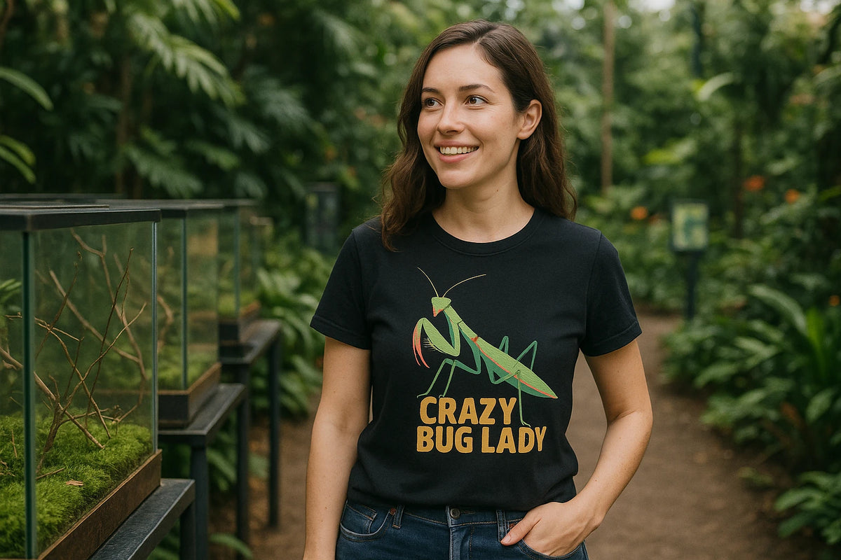 Lifestyle shot of the "Crazy Bug Lady" black praying mantis t shirt in a real-world setting
