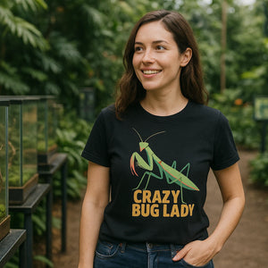 Lifestyle shot of the "Crazy Bug Lady" black praying mantis t shirt in a real-world setting