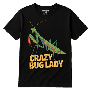 Black Praying Mantis T Shirt - "Crazy Bug Lady" graphic tee with gray print, flat lay product photo
