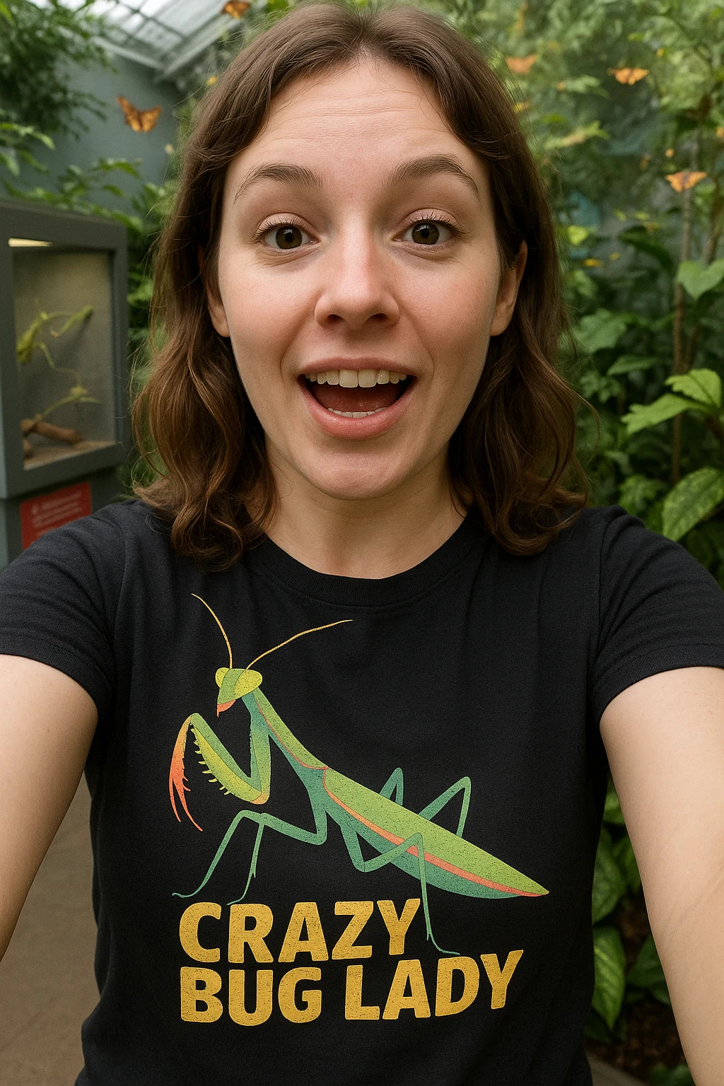 "Crazy Bug Lady" black praying mantis t shirt, photographed as praying mantis lover gift