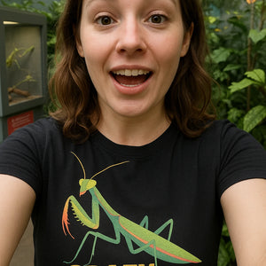 "Crazy Bug Lady" black praying mantis t shirt, photographed as praying mantis lover gift