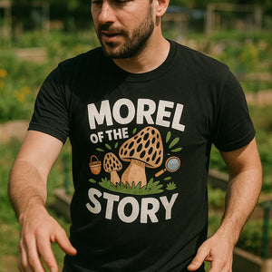 "Morel of the Story" black foraging t shirt - a birthday gift for foraging lover