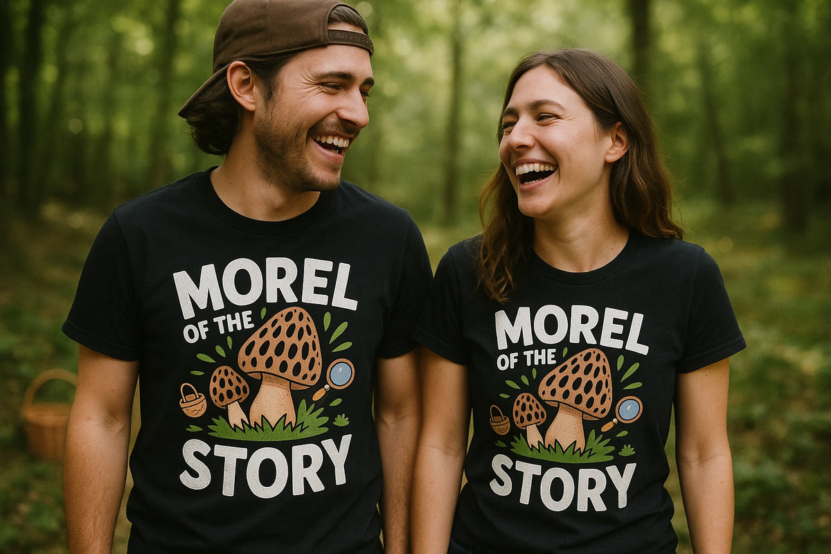 Person wearing the black foraging t shirt graphic tee - "Morel of the Story" design
