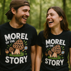 Person wearing the black foraging t shirt graphic tee - "Morel of the Story" design