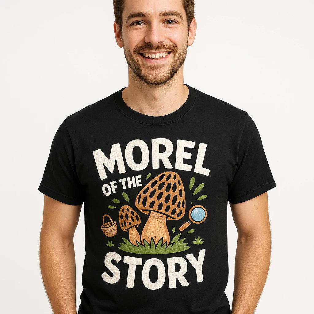 Close-up of the "Morel of the Story" white print on a premium Bella+Canvas black foraging t shirt