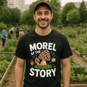 Lifestyle shot of the "Morel of the Story" black foraging t shirt in a real-world setting