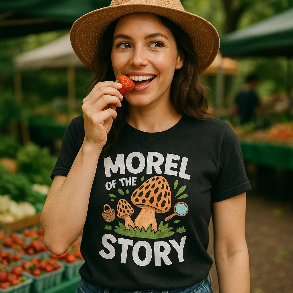 "Morel of the Story" black foraging t shirt, photographed as foraging lover gift