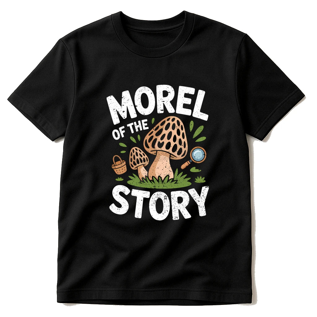 Black Foraging T Shirt - "Morel of the Story" graphic tee with white print, flat lay product photo
