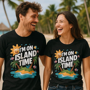 Person wearing the black islands t shirt graphic tee - "I'M on Island Time" design