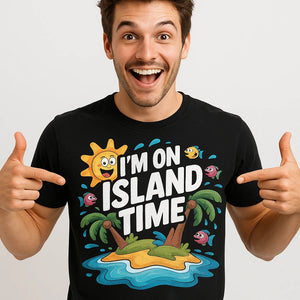 Close-up of the "I'M on Island Time" gray print on a premium Bella+Canvas black islands t shirt
