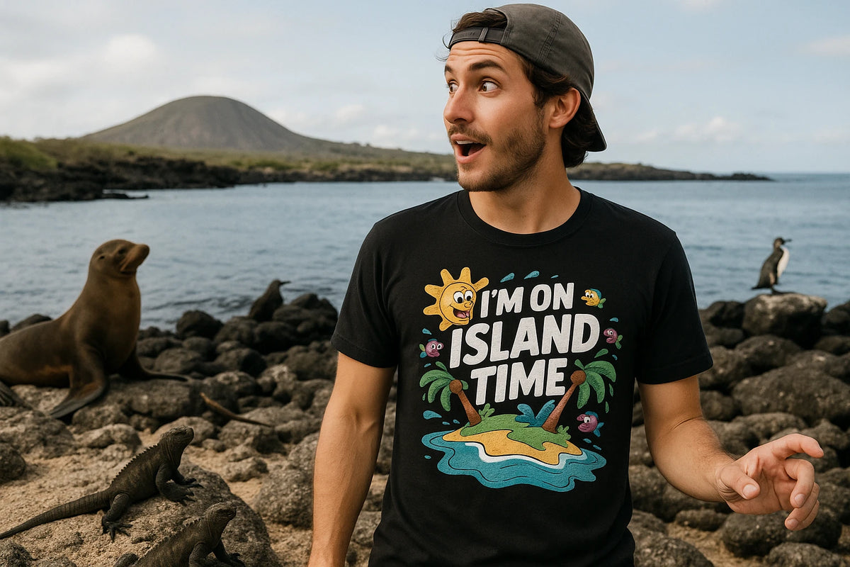 Lifestyle shot of the "I'M on Island Time" black islands t shirt in a real-world setting