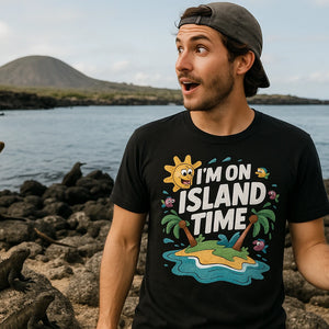 Lifestyle shot of the "I'M on Island Time" black islands t shirt in a real-world setting