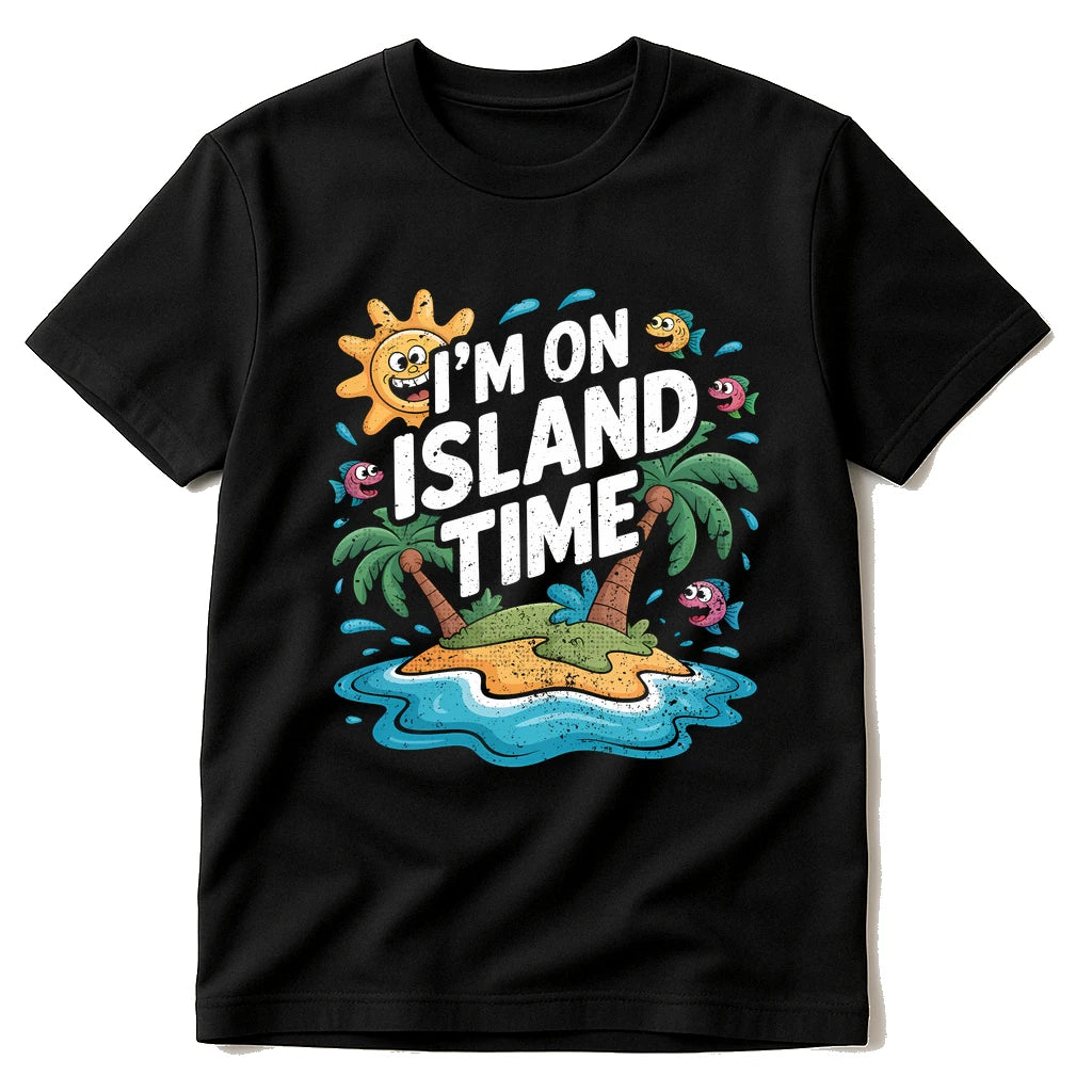 Black Islands T Shirt - "I'M on Island Time" graphic tee with gray print, flat lay product photo