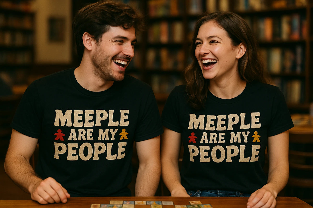 Person wearing the black board game tshirts graphic tee - "Meeple Are My People" design