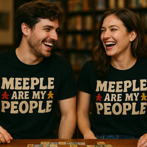 Person wearing the black board game tshirts graphic tee - "Meeple Are My People" design