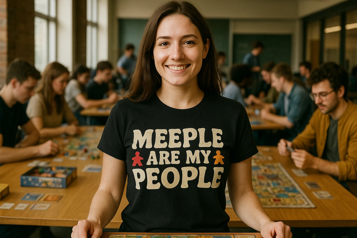 Lifestyle shot of the "Meeple Are My People" black board game tshirts in a real-world setting