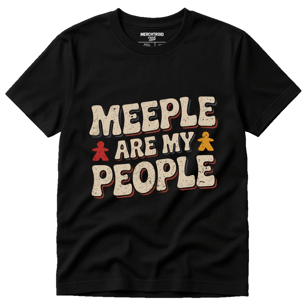 Black Board Game Tshirts - "Meeple Are My People" graphic tee with beige print, flat lay product photo