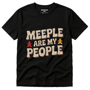 Black Board Game Tshirts - "Meeple Are My People" graphic tee with beige print, flat lay product photo