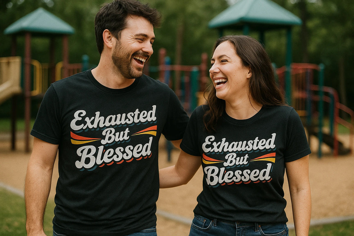 Person wearing the black mom life shirts graphic tee - "Exhausted But Blessed" design