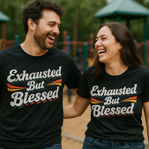 Person wearing the black mom life shirts graphic tee - "Exhausted But Blessed" design