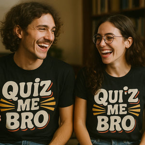 Person wearing the black studying t shirt graphic tee - "Quiz Me Bro" design