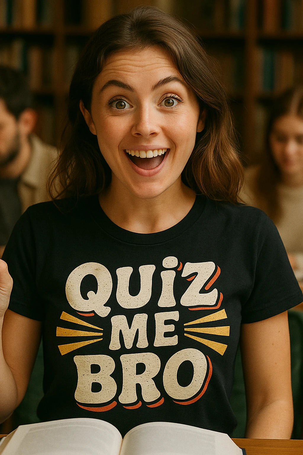 "Quiz Me Bro" black studying t shirt, photographed as studying lover gift