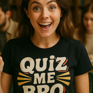 "Quiz Me Bro" black studying t shirt, photographed as studying lover gift