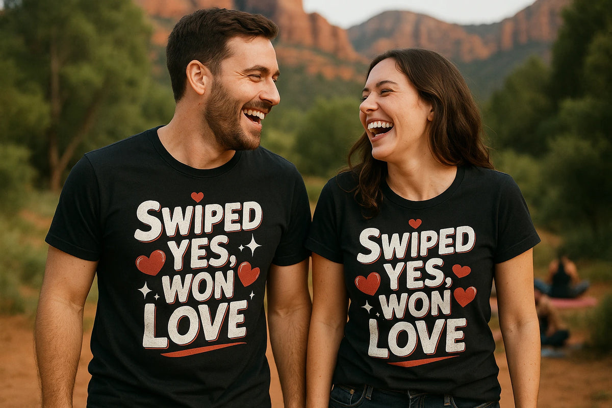Person wearing the black relationships shirts graphic tee - "Swiped Yes, Won Love" design