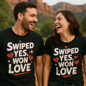 Person wearing the black relationships shirts graphic tee - "Swiped Yes, Won Love" design