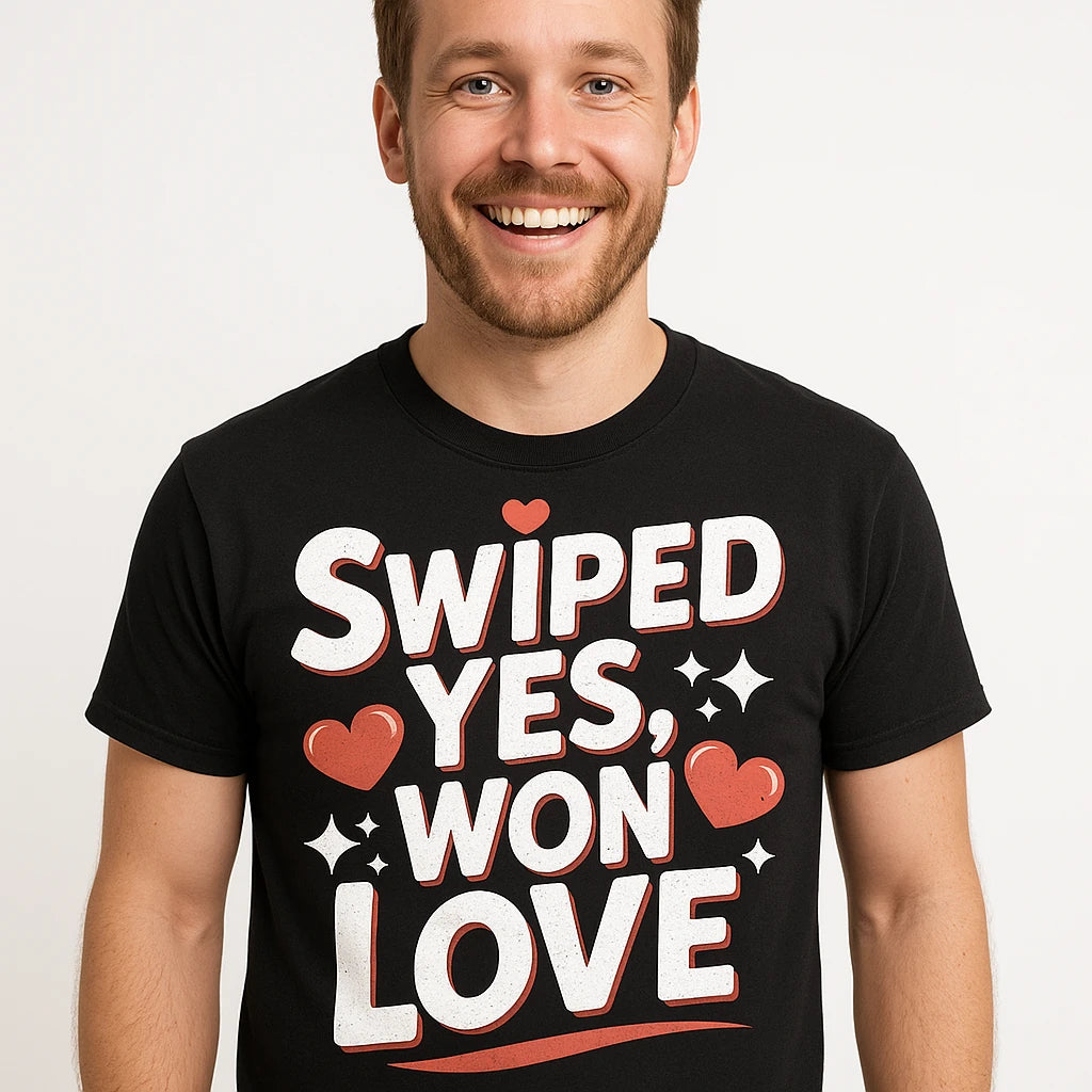 Close-up of the "Swiped Yes, Won Love" white print on a premium Bella+Canvas black relationships shirts