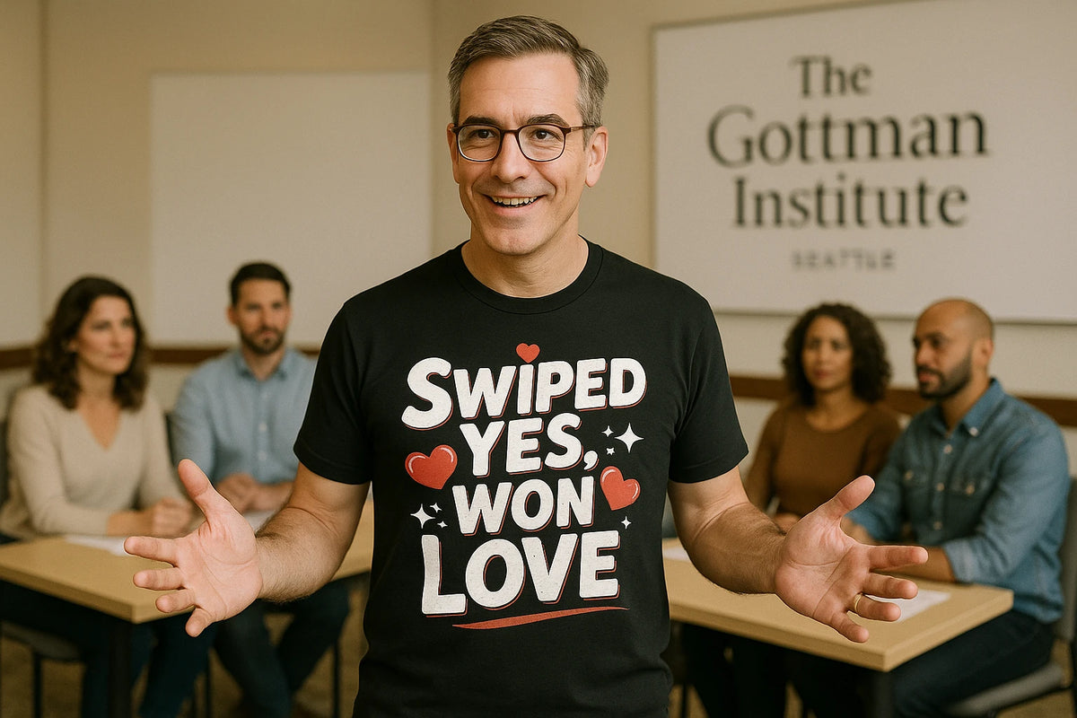 Lifestyle shot of the "Swiped Yes, Won Love" black relationships shirts in a real-world setting