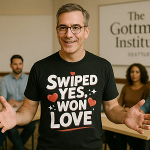 Lifestyle shot of the "Swiped Yes, Won Love" black relationships shirts in a real-world setting