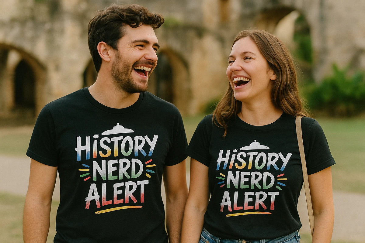 Person wearing the black personalized travel guide graphic tee - "History Nerd Alert" design