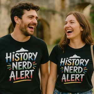 Person wearing the black personalized travel guide graphic tee - "History Nerd Alert" design