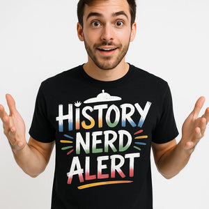 Close-up of the "History Nerd Alert" white print on a premium Bella+Canvas black personalized travel guide