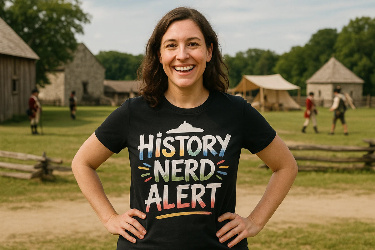 Lifestyle shot of the "History Nerd Alert" black personalized travel guide in a real-world setting