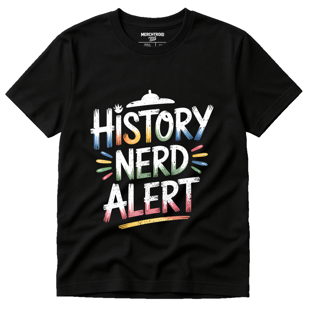 Black Personalized Travel Guide - "History Nerd Alert" graphic tee with white print, flat lay product photo