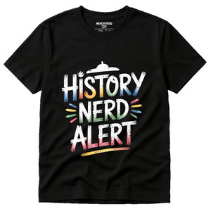 Black Personalized Travel Guide - "History Nerd Alert" graphic tee with white print, flat lay product photo