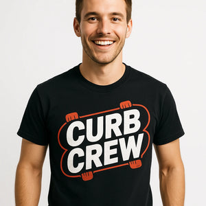 Close-up of the "Curb Crew" white print on a premium Bella+Canvas black skateboard long sleeve shirts